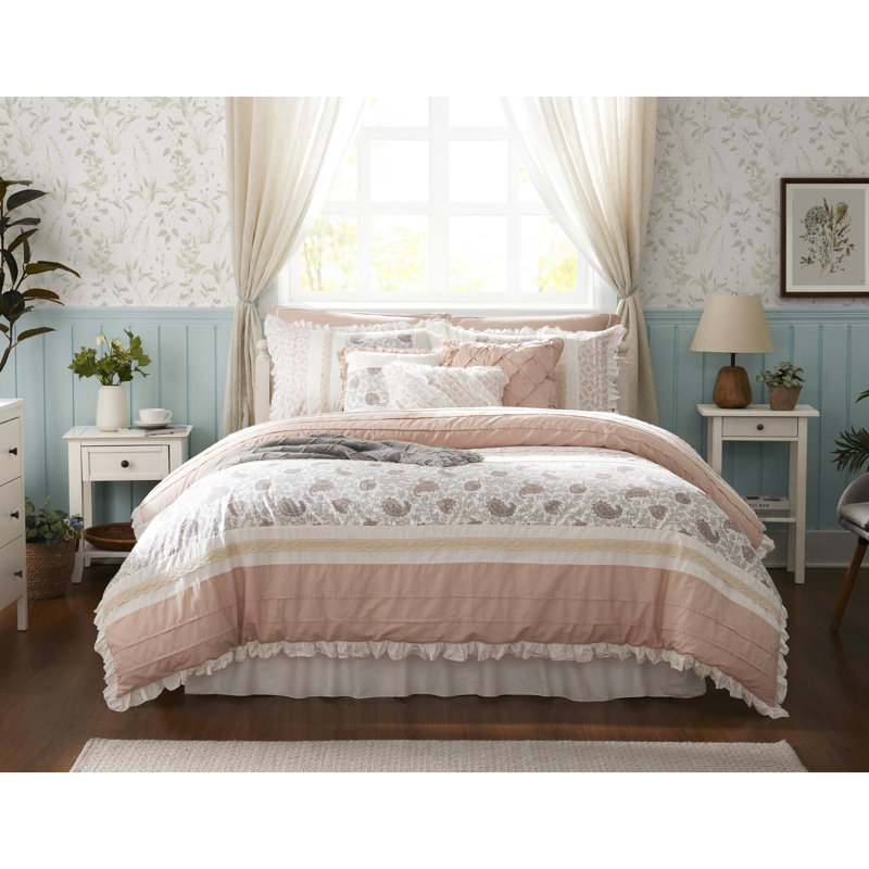 Édredon 9 pièces King Blush - Elegant Paisley Print`` Bride, dentelle, 2 taies décoratives, 3 coussins décoratifs Euro`` coton froissé pour lit, motif, tissu