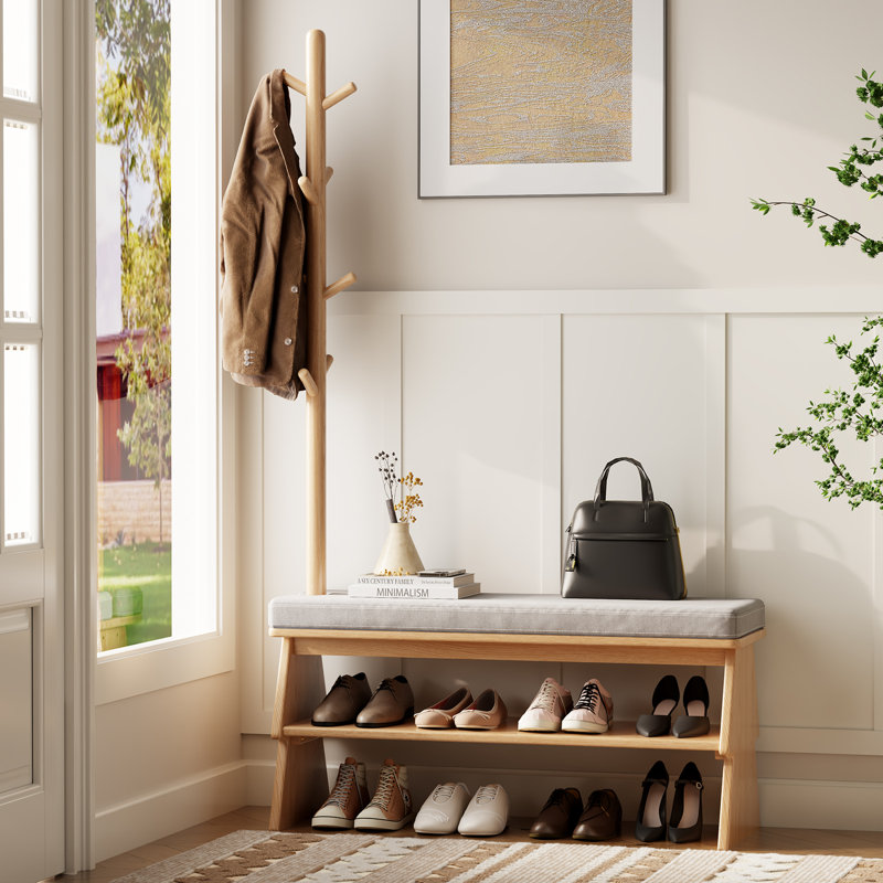 Solid Wood Entryway Bench with Integrated Shoe Rack & Coat Hooks – Angled Side Design, 65.75'' H x 39.37'' W x 13.78'' D, Tan