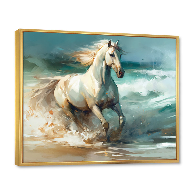 Cheval sur la plage II - art mural cheval pour le salon, H 34 po x l 44 po, Cadre flottant doré