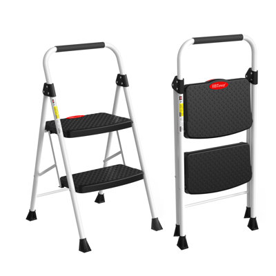 Escabeau pliant à 2 marches avec large pédale antidérapante, construction robuste en acier, poignée ergonomique, conception légère, capacité de charge de 150 kg, escabeau portable en acier, blanc