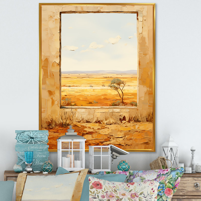 Été, pré, horizon, ferme, fenêtres II, Cadre flottant doré, H 60 po x l 28 po