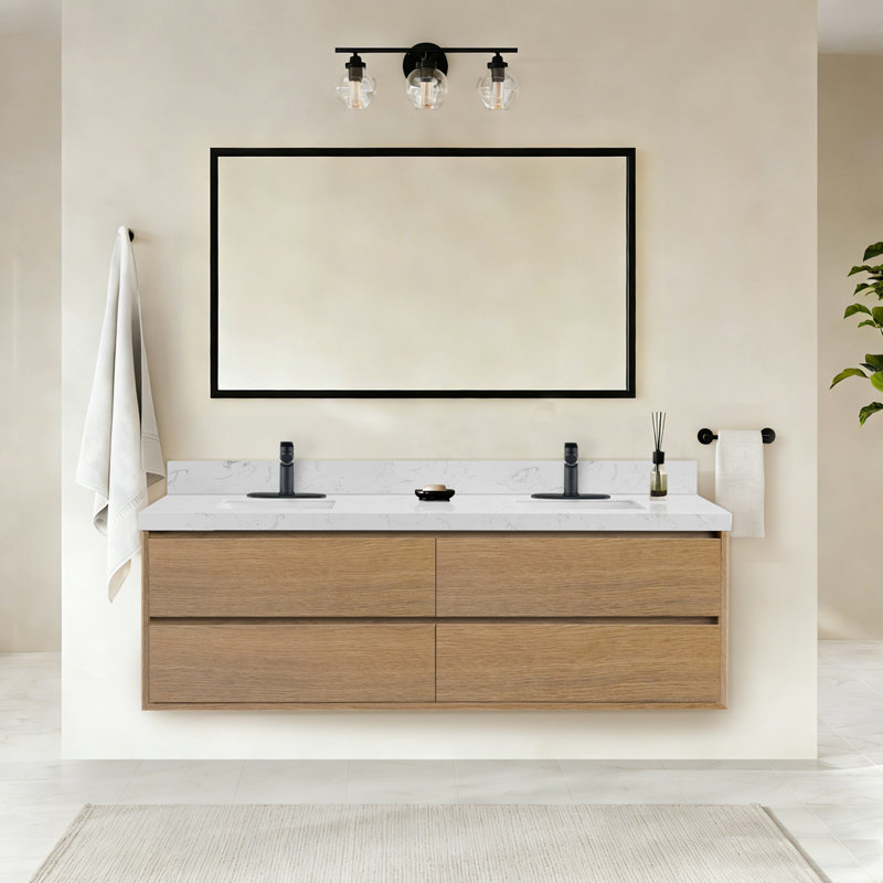 Meuble-lavabo mural moderne avec tiroirs flottants, Chêne, 72"