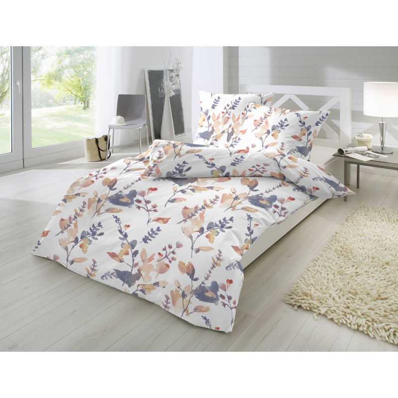 Fairborn Cotton 144 TC Reversible Duvet Cover Set, 155 x 220cm Duvet Cover + 1 Pillowcase, White/Orange