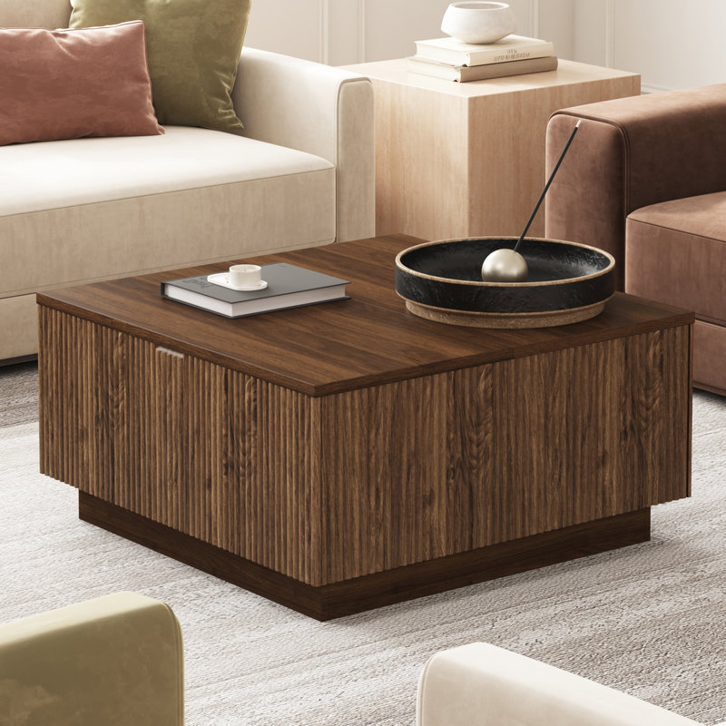 31-Inch Farmhouse Lift Top Square Coffee Center Table With Hidden Storage Compartment And Fluted Wood Board For Living Room, Apartment, Small Space
