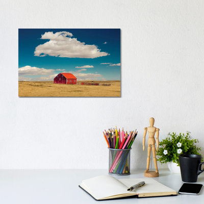 Oklahoma, USA Red Barn in Field with Puffy Clouds in Remote Oklahoma 1 Piece Wrapped Canvas Wall Art