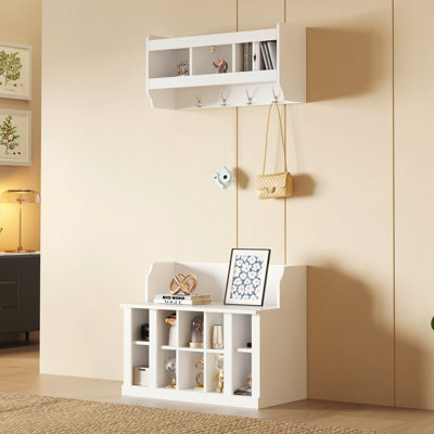 Shoe Storage Bench With Shelves And 4 Hooks, Elegant Hall Tree With Wall Mounted Coat Rack, Entryway Organizer For Hallway, Foyer, Mudroom