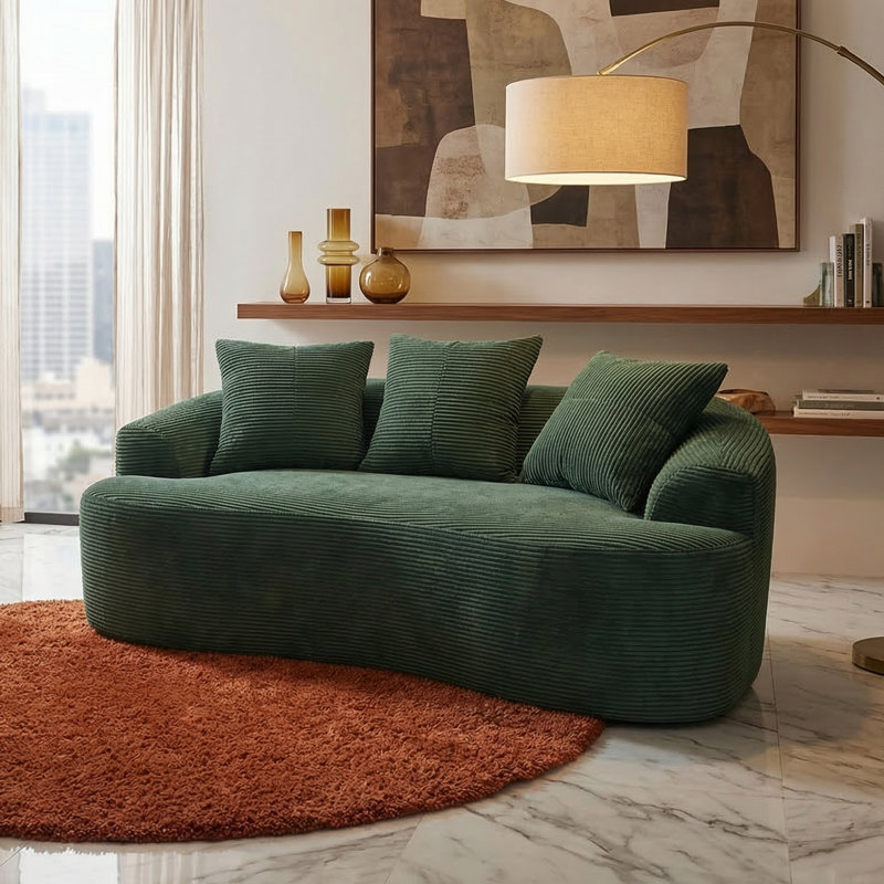 Canapé incurvé 65,35 po avec coussins à ressorts ensachés pour siège moelleux, petit canapé avec 3 coussins décoratifs, sans assemblage, vert foncé