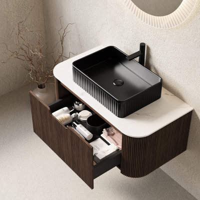 Meuble-lavabo flottant 36 po avec lavabo 36 po, finition noyer foncé rayé, armoire noire robuste en contreplaqué, tiroir silencieux à fermeture en douceur