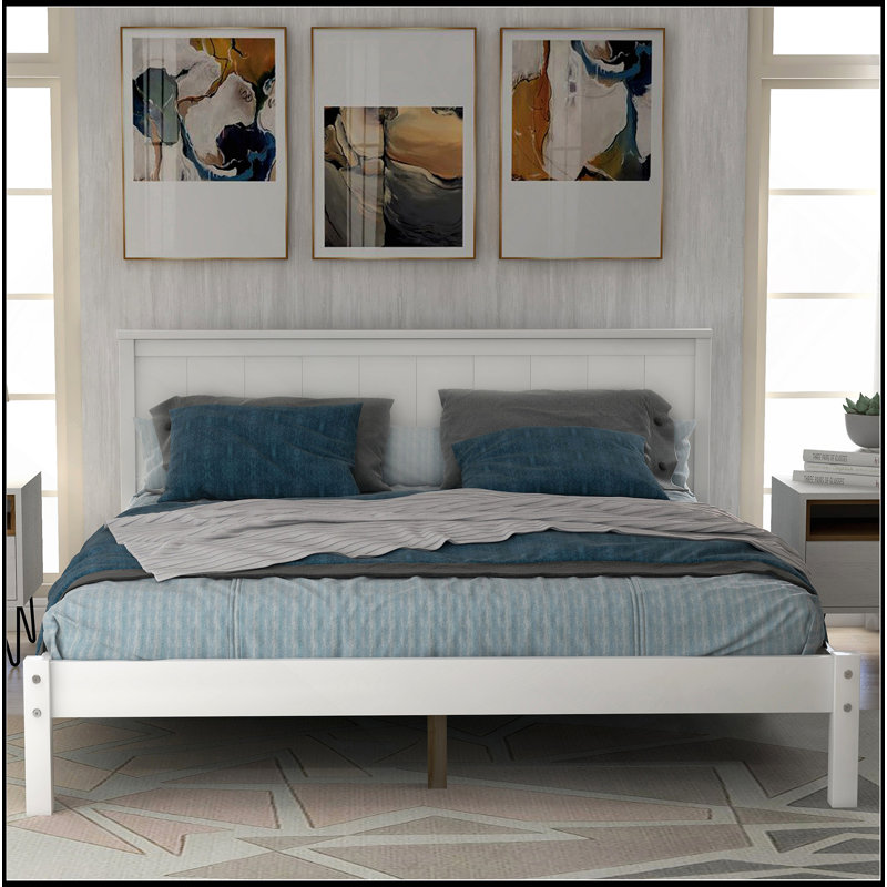 Base de lit plateforme avec tête de lit, support à lattes de bois, aucun sommier requis, Blanc, Lit double