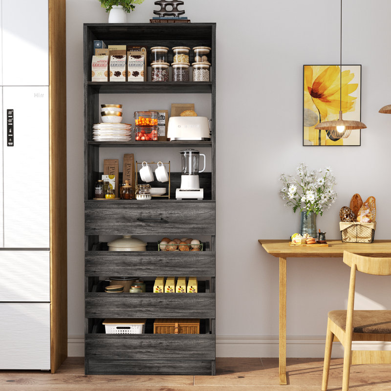 Garde-manger de 80 po de hauteur avec tablettes réglables et tiroirs, Bois gris