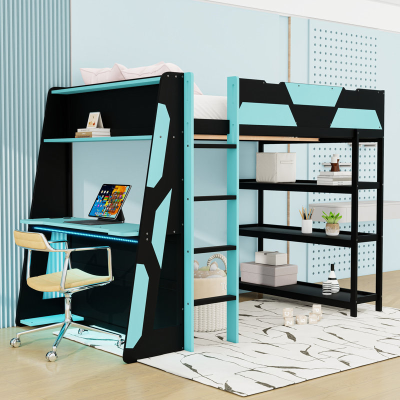 Full Size Wood Loft Bed with Side-Mounted Desk, LED Lights and Built-in Power Outlets, Black/Blue