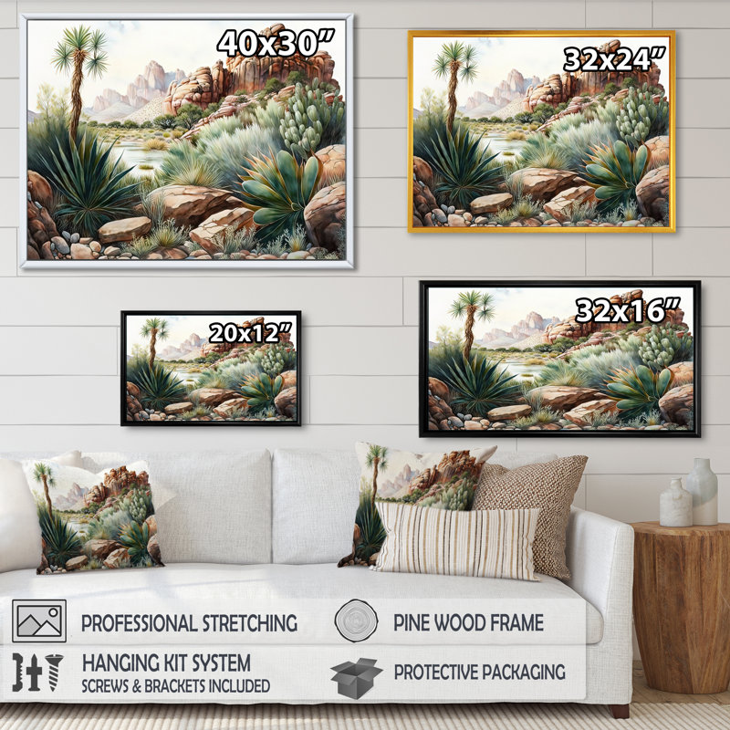 Arizona Desert Cactus II - art mural occidental, Cadre flottant doré, H 30 po x l 40 po x P 1,5 po