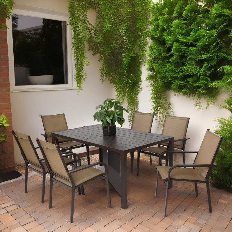 7-Piece Outdoor Dining Set – PVC-coated polyester Chairs & Wood-Like Table (Brown, All-Weather, Seats 6)
