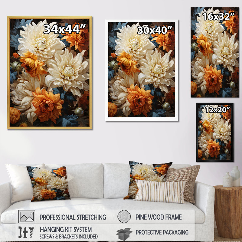 Yilin Chrysanthemums Autumn Gold Showcases - Chrysanthemums Wall Art Decor, Cadre simple blanc, H 32 po x l 16 po x P 1 po