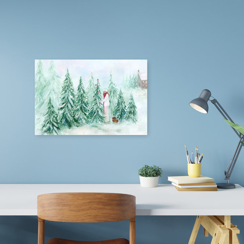 Winter Forest Decorating Peaceful Serene Abstract Christmas Tree Evergreen Tree Dog Forest Landscape Wall Art Print 1 Piece Wrapped Canvas Wall Art