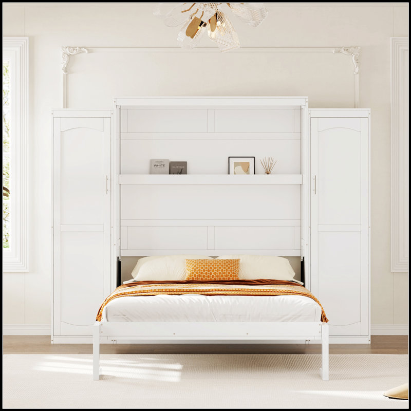 Murphy Bed with Two Wardrobes and Storage Shelf, Multifunctional Foldable Platform for Space Optimization, Full