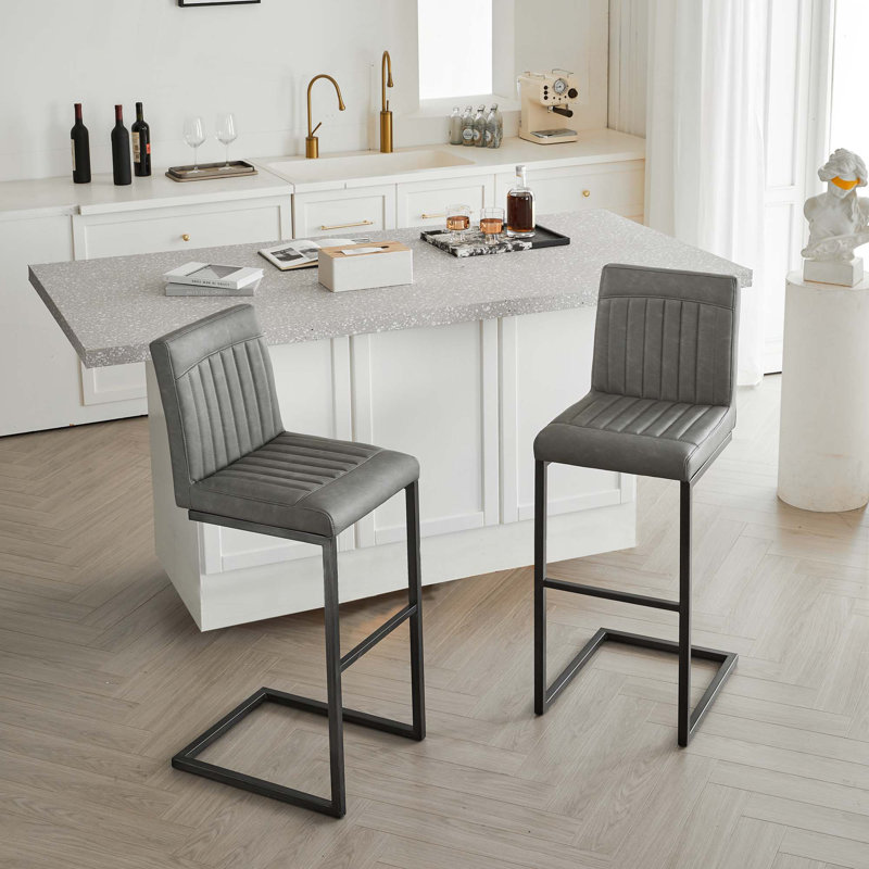 Tabouret de bar rembourré avec structure en métal noir robuste pour îlot de cuisine, salon et pub (ensemble de 2), Gris