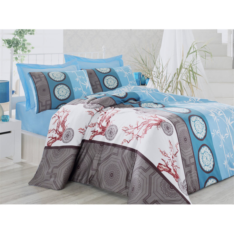 Ensemble de housse de couette XXL Luxurious Satin, 100% coton, housse de couette 61 x 87 et taie d'oreiller 31,5 x 31,5 | 210 fils, lavable à la machine, bleu élégant, turquoise, brun, blanc et gris | Literie élégante et confortable