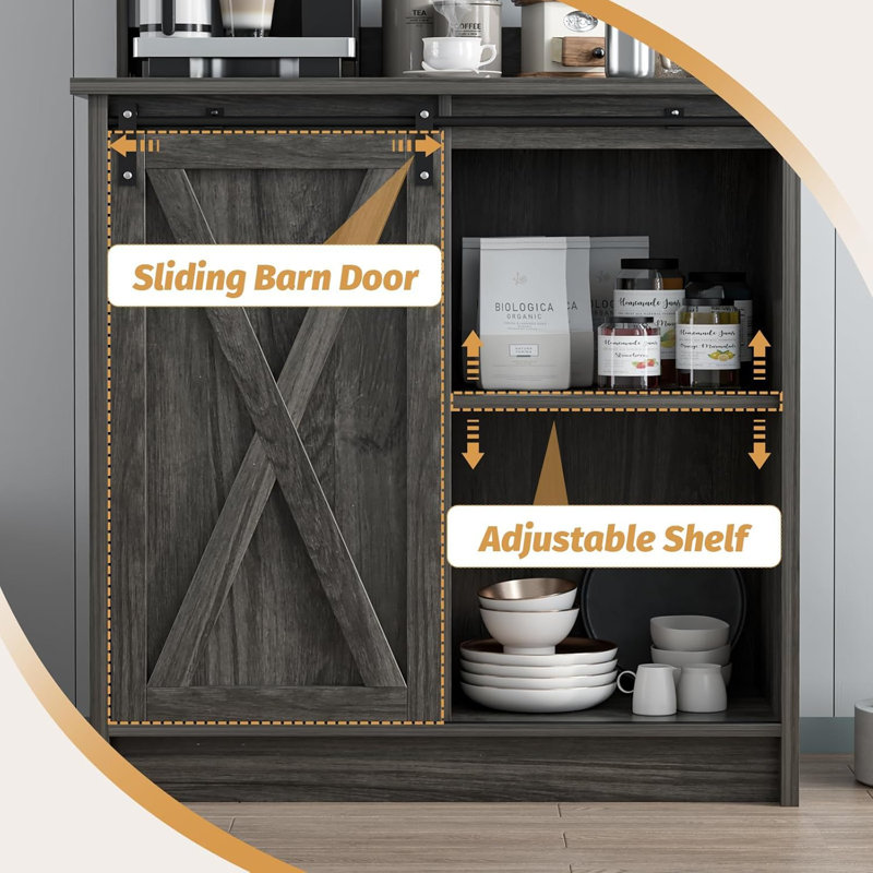 Farmhouse Coffee Bar Cabinet with Storage, Gray Coffee Bar with 6 Hooks, Coffee Bar Table with Sliding Barn Door, Wine Bar Cabinet with Adjustable Shelf for Living Dining Room