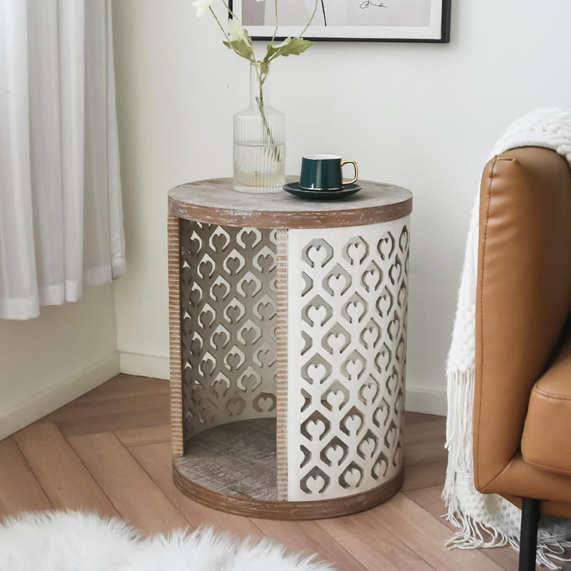 Table de bout Farmhouse, table d'appoint en bois vieilli, table d'appoint ronde de 18 pouces avec tablette pour le salon, le bureau, finition bois de couleur rétro