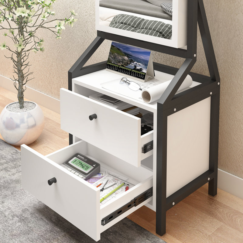Rotating Jewellery Armoire & Makeup Mirror Cabinet with 2 Drawers, Handcrafted White Finish, Spacious Storage Solution