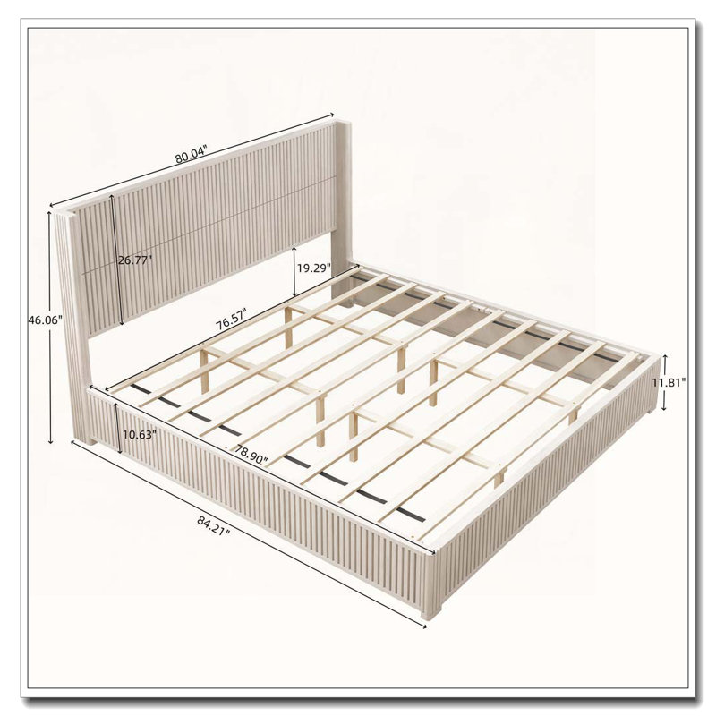 Solid Wood Platform Bed Frame with Headboard, No Box Spring Needed, Beige, King