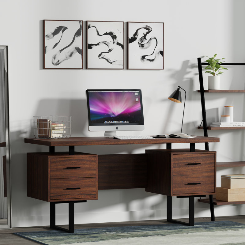 Auniya Steel Computer Desk, Walnut Top/Base, Black Metal/Hardware