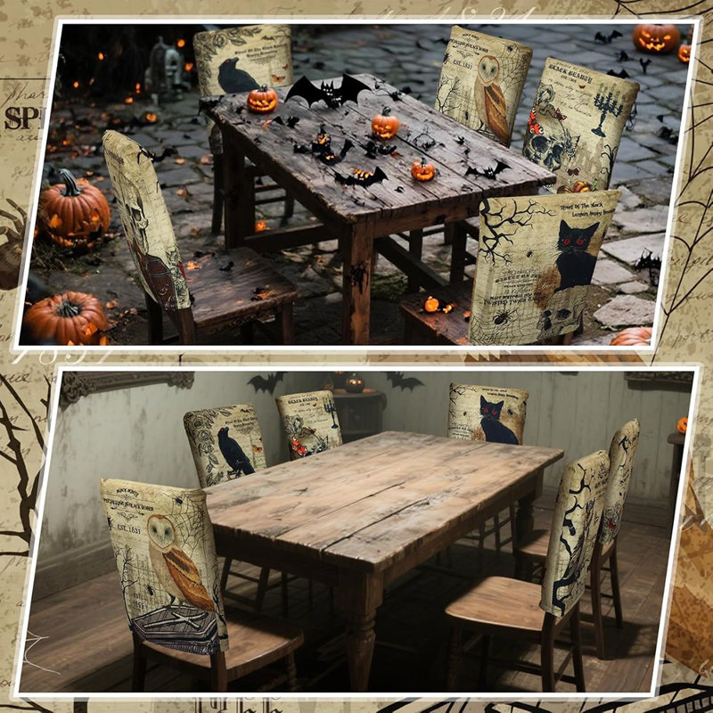 Housses de chaise gothique Halloween - noir - ensemble de 6 / tissu extensible / squelette, chat, chauve-souris et hibou / protecteurs de siège de chaise de salle à manger