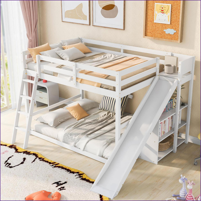 Double / plein pin massif Lit superposé en panneau de fibres à densité moyenne avec tablettes à échelle coulissante sans sommier blanc pour les petites chambres
