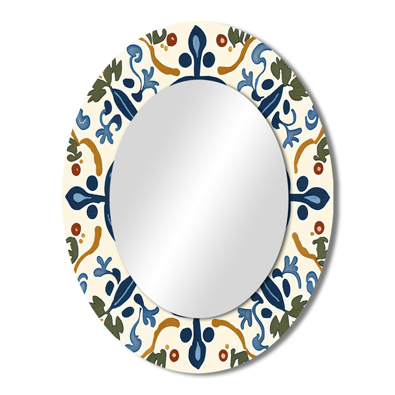 Carreaux de la Méditerranée en bleu rétro IV - Miroir décoratif abstrait ovale sur métal, 43" x 33"
