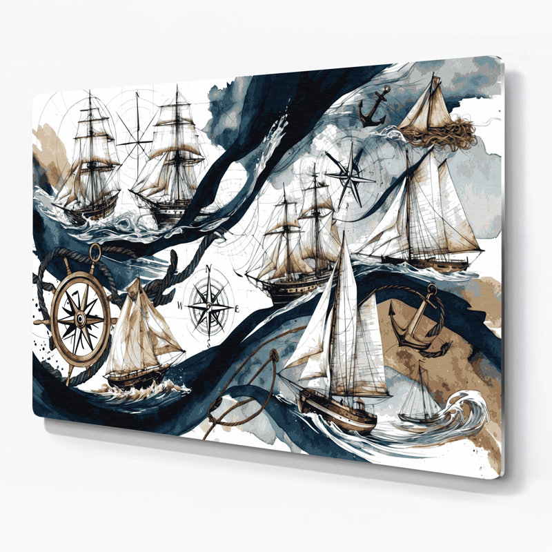 Art mural en métal beige éléments nautiques marines, H 24 po x l 36 po