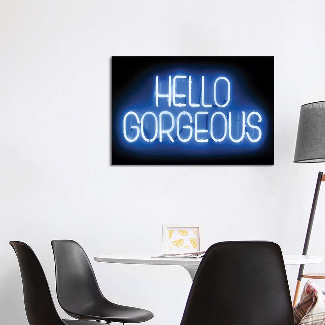 Neon Hello Gorgeous Blueon Black by Hailey Carr - Wrapped Canvas Print
