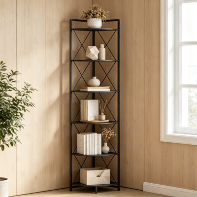 6-Tier Corner Shelf Stand, 78-Inch Tall Industrial Bookshelf for Living Room, Metal Corner Storage Rack for Plants, Decor, and Books, Space-Saving Design for Bedroom, Bathroom, Small Spaces