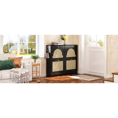 Practical Mid - Century Black Shoe Cabinet, 4 Doors, Flip Drawers, 2 Hooks, Tip, Floor Safe Arrangement Rack,