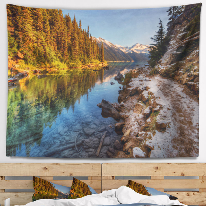 Paysage, lac placide, entre les montagnes, H 32 po x l 39 po