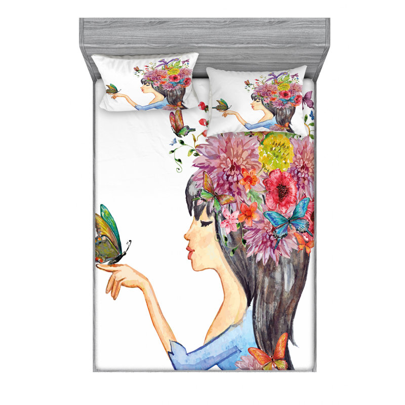 Ensemble de draps fleurs et feuilles avec un papillon à poils longs, Ensemble de draps pour lit double avec un drap-hou
