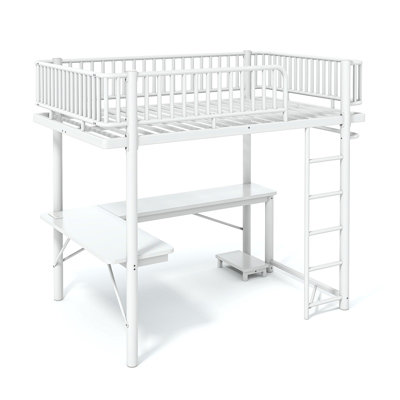 Full Loft Bed with L-Shaped Desk,LED Light Strip and Charge Station, Metal Loft Bed with Computer Mainframe Tray and Hanging Area, Special Round Pipe Design, White