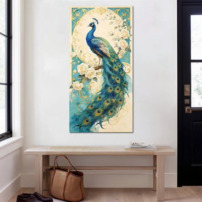 Grande peinture verticale sur toile grand et rétro Baek - image d'art animalier élégant avec de belles plumes de queue, motif d'arbre de fleurs pour la chambre à coucher, décoration de salon, toile tendue avec cadre en pin, 24 po x 47 po