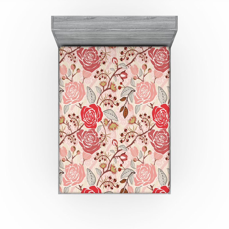 Drap-housse Ambesonne, Corail foncé, rose pâle / floral 2, Drap-housse très grand californien