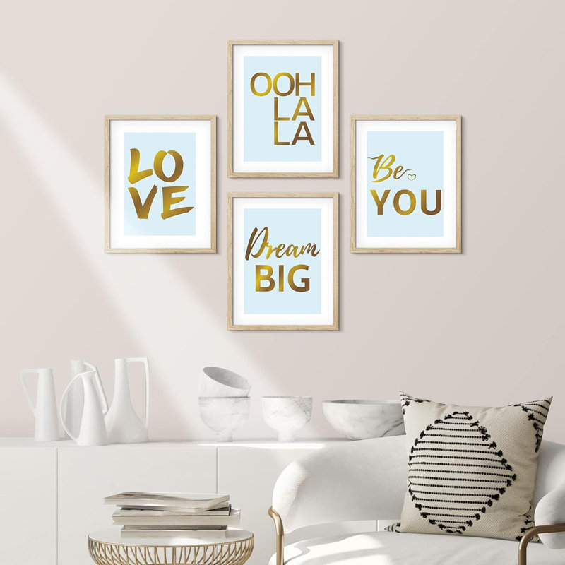 «Teal Gold Love Dream Big», ensemble de 4 motifs de décoration murale, impression encadrée sur papier, impression de 4 pièces