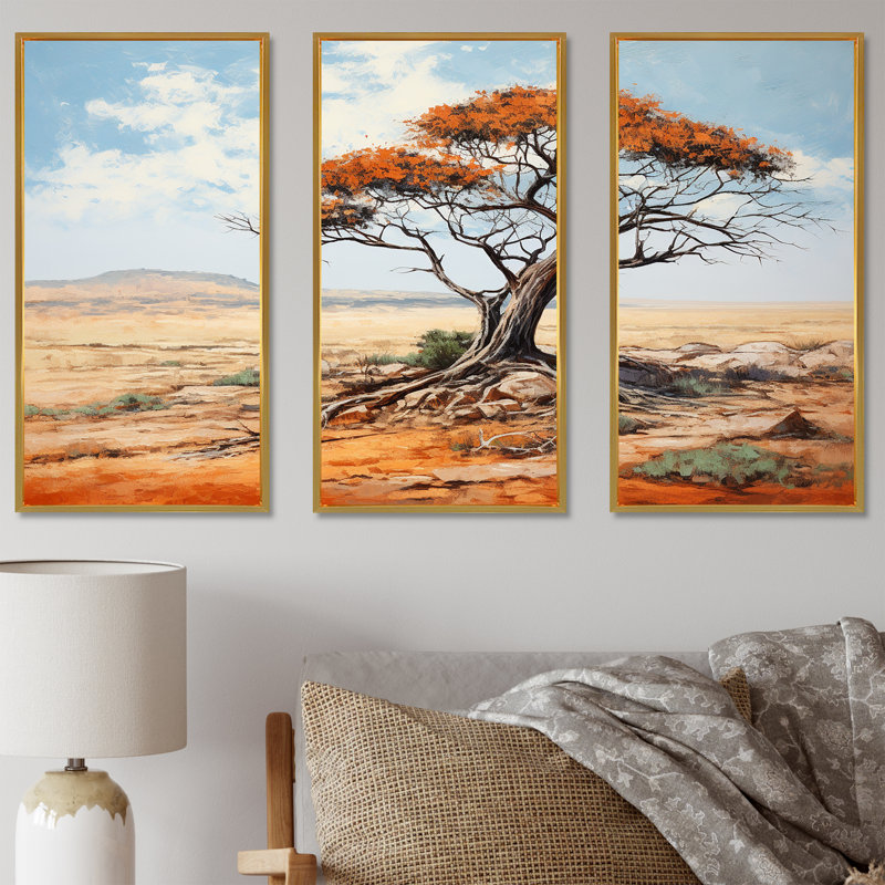 «African Desert Tree Survivor» - Art mural africain, Cadre flottant doré, H 28 po x l 36 po x P 1 po