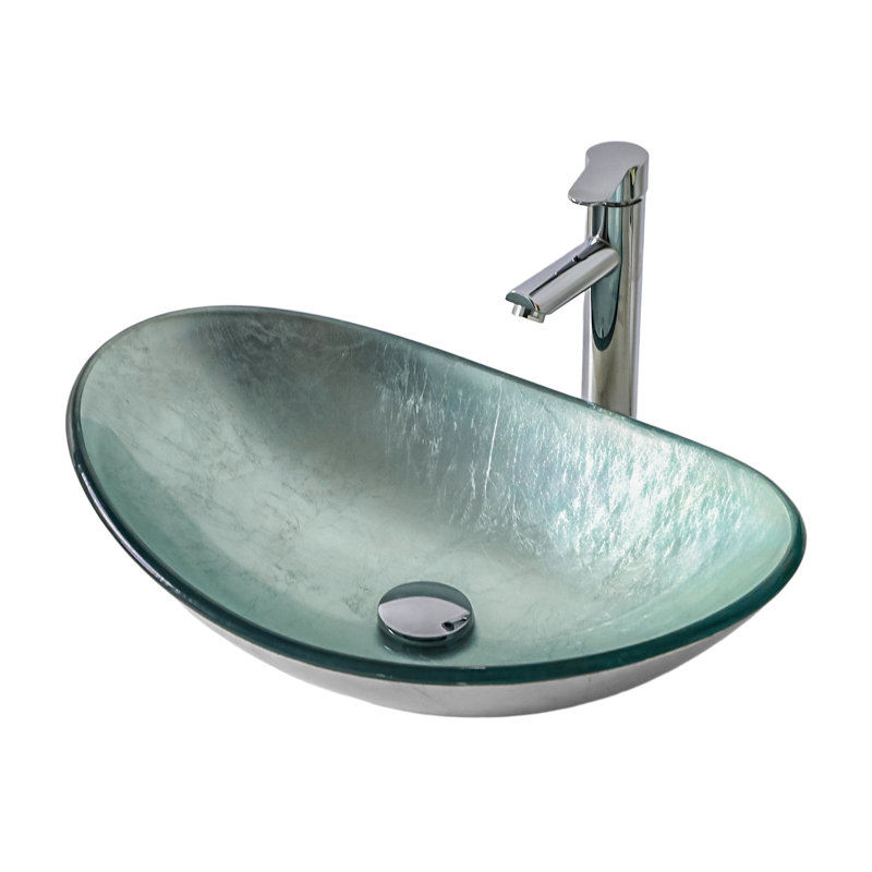 High - Quality Tempered Glass Silver Vessel Bathroom Sink, Pop Up Drain For Hassle Maintenance, 22.83 Inches Package Depth Boat Shaped Vessel, Smooth Water Flow, Above Counter Installation,
