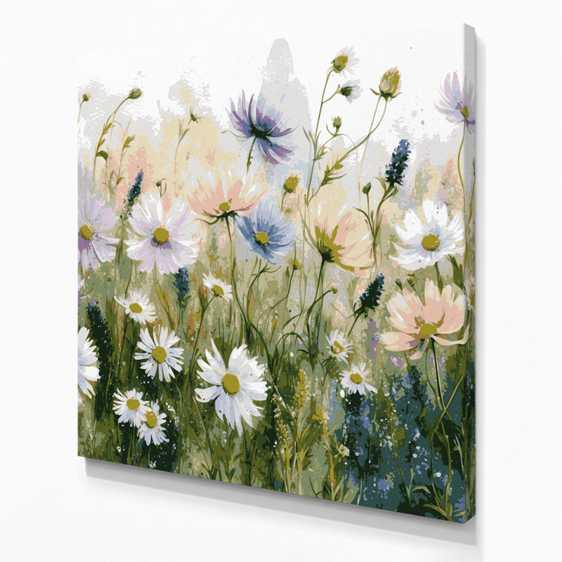 Farm Meadow Flowers Grey Canvas Wall Art