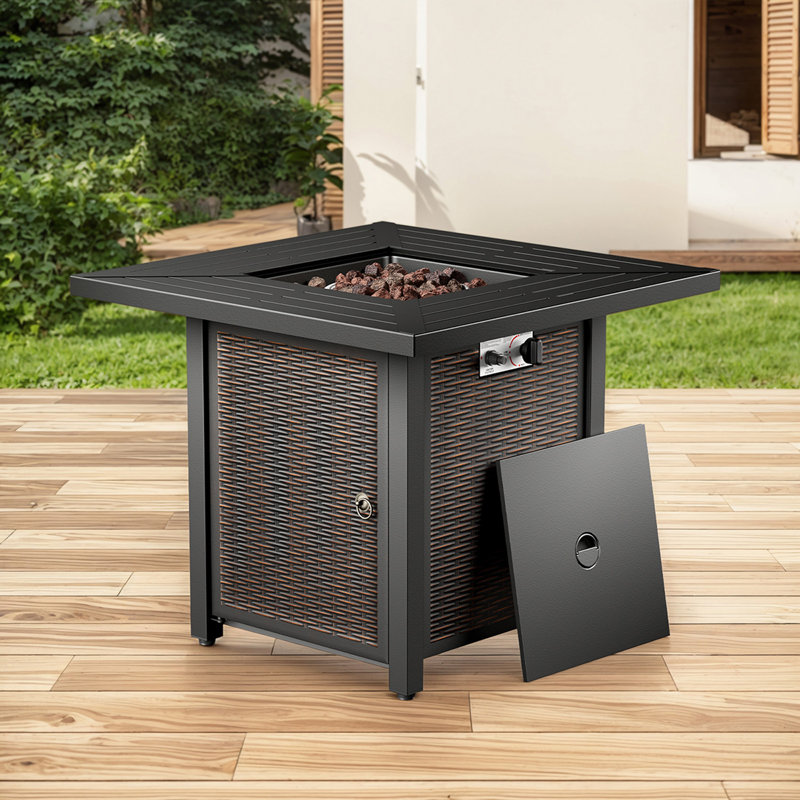 Aluel Square Iron Fire Pit Table With Wicker Print Finish - 50,000 BTU Adjustable Outdoor Heater
