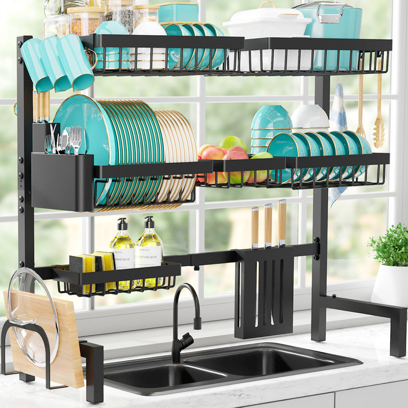 Over The Sink Dish Drying Rack - Adjustable 3 Tier XX-Large Capacity Stainless Steel Drainer with Cutlery & Utensil Holders, Kitchen Storage & Organization, 31.5"-39.5"L x 12"W x 30.5"H, Gray