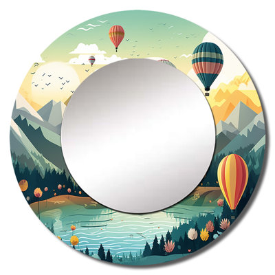 Genut Hot Air Balloon Off Into The Sky I - Mountains Large Wall Mirror, Yellow Round Unique Mirror, Printed Metal Art