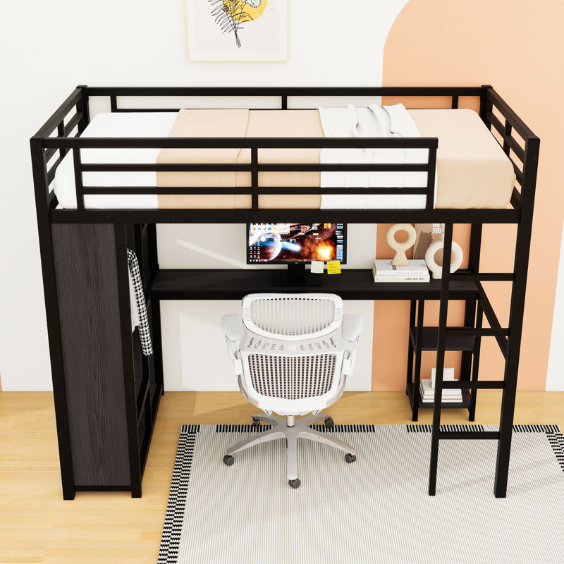 Metal Loft Bed with Wardrobe and Desk, Black, Extra-Long Twin