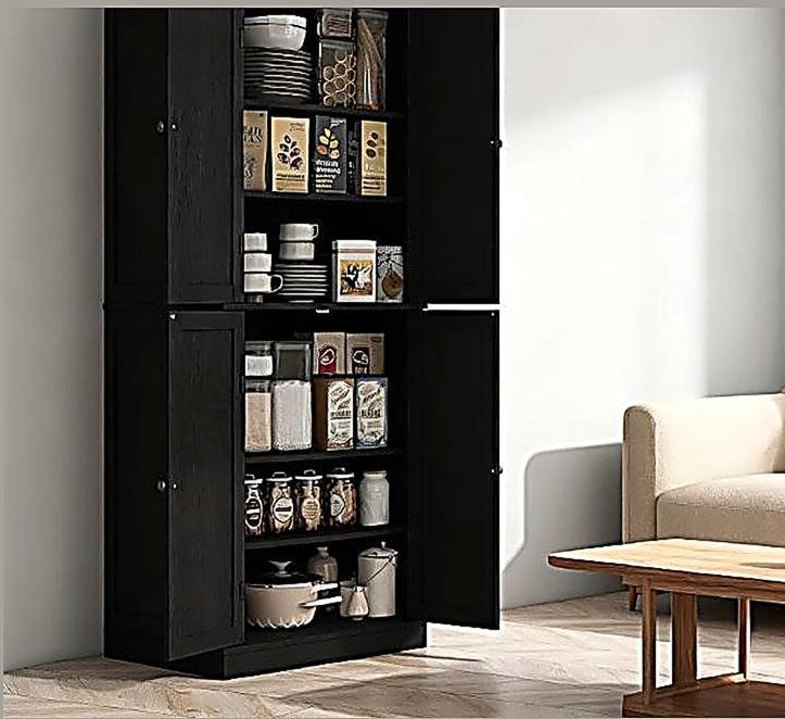 Armoire de cuisine, armoire de cuisine autoportante, armoire de rangement avec portes et tablettes, Noir