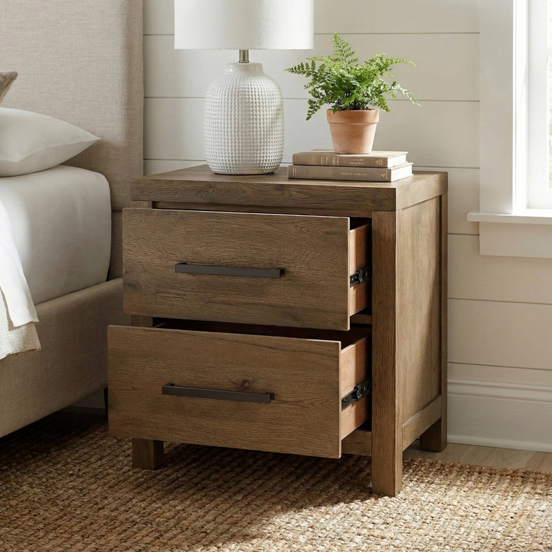 Table de chevet rustique de style transitionnel avec finition brune, chargeur intégré, glissières à roulement à billes, ports de chevet modernes, 2 tiroirs