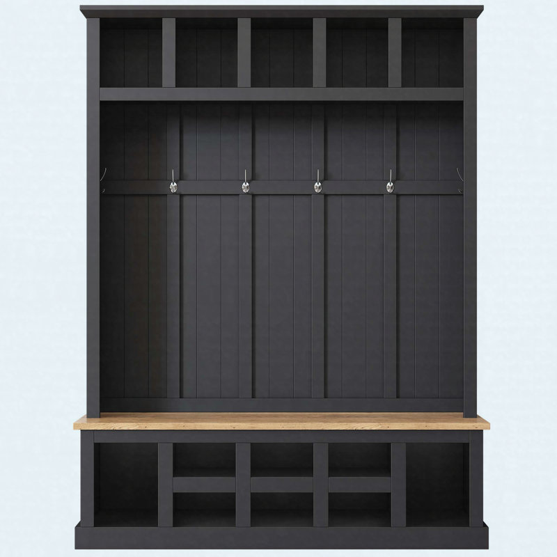 Hall Tree MDF Entryway Shoe Cabinet Storage Bench with 13 Compartments, Coat Rack with 6 Hooks, Farmhouse Wooden Style Organizer